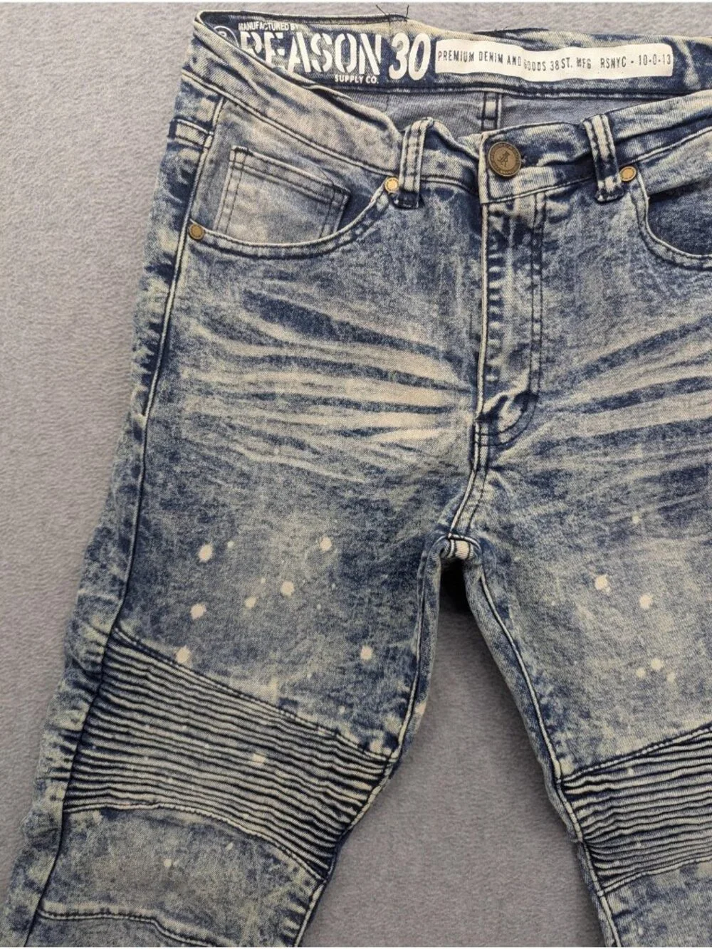 Reason U1-401X Jeans Mens 28x32 Blue Acid Wash Moto Distressed Stretch Denim